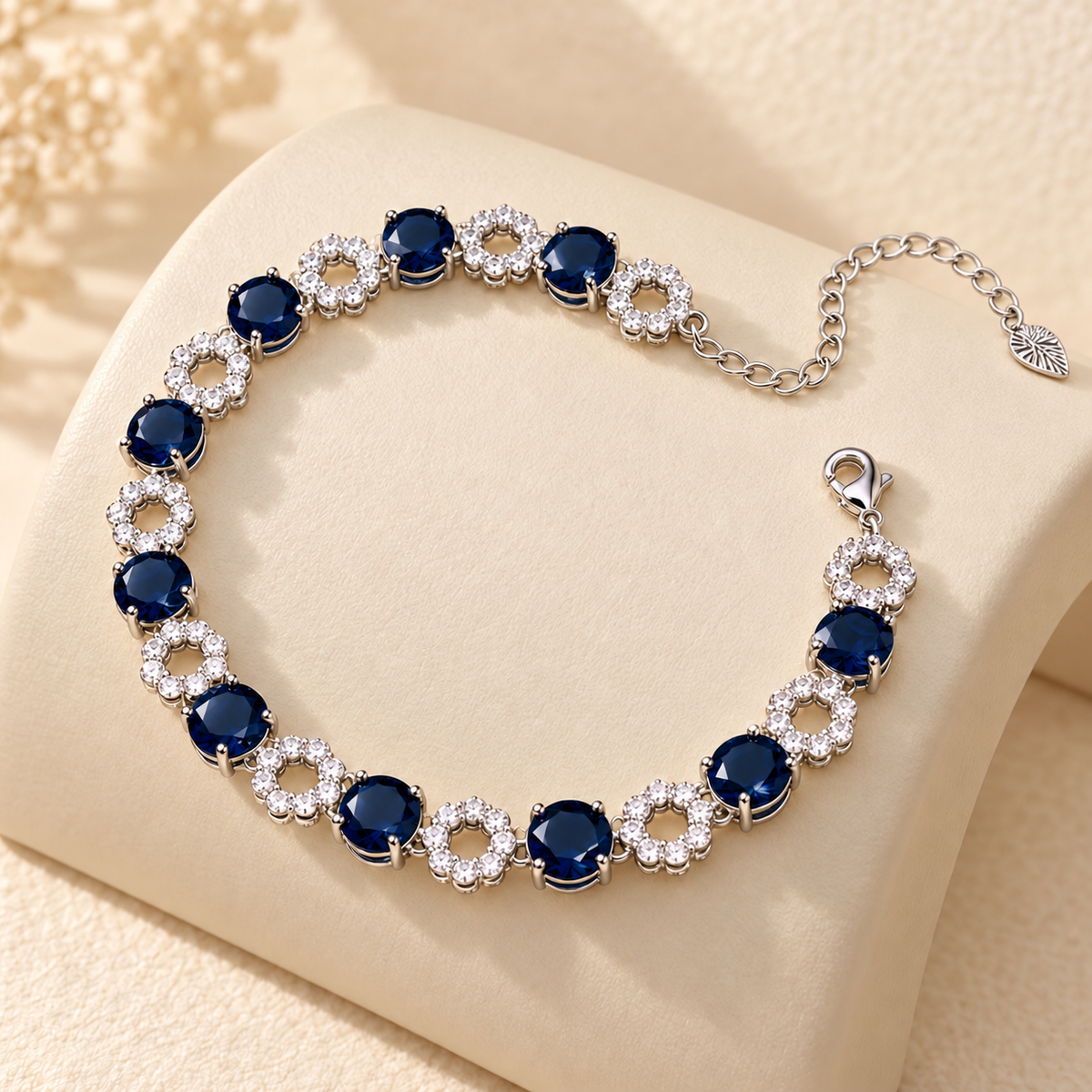 Navy Blue Floral Circle Silver Bracelet ivory display