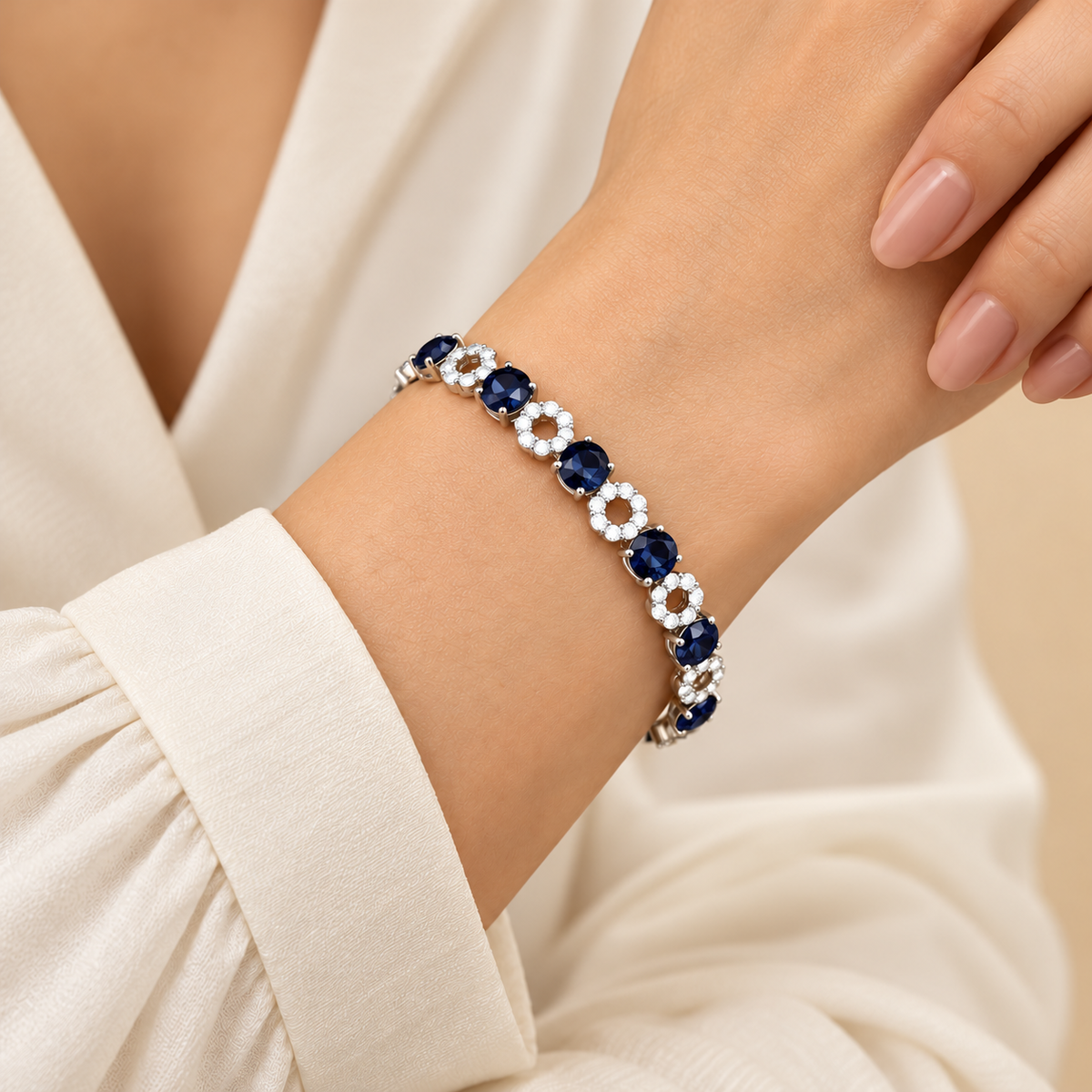 Navy Blue Floral Circle Silver Bracelet model close-up