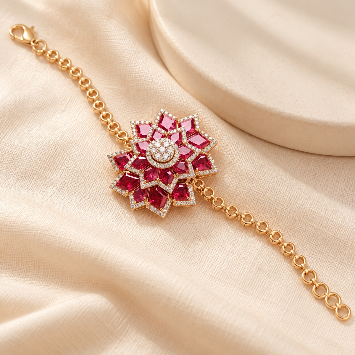 Ruby Geometric Blossom Bracelet Gold ivory linen