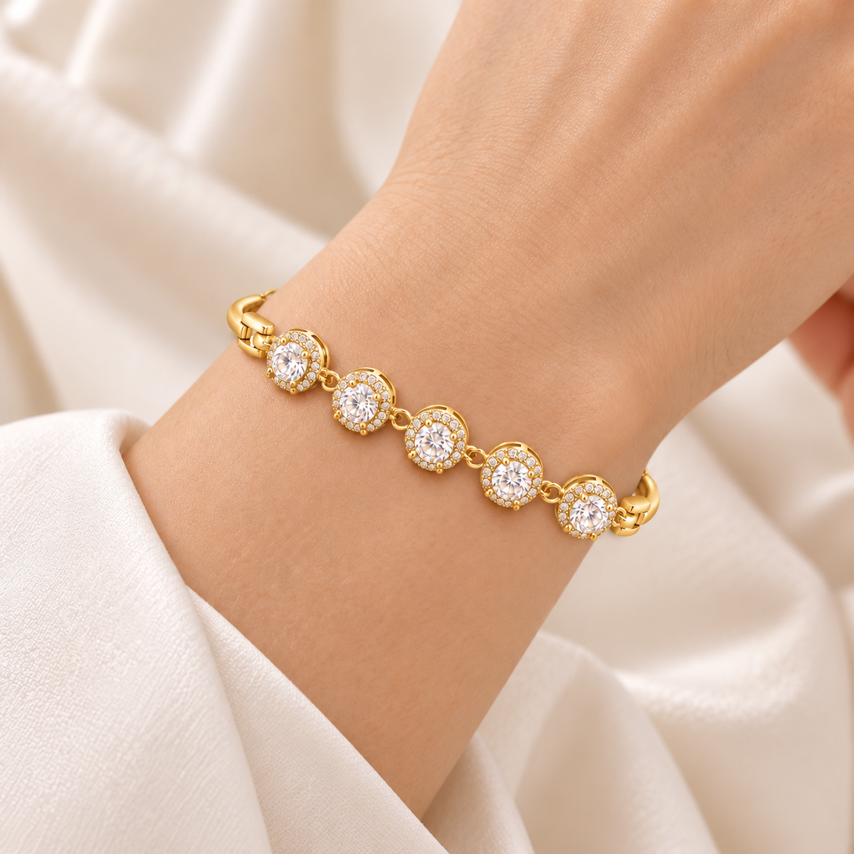 Golden Five Halo Bracelet on model hand
