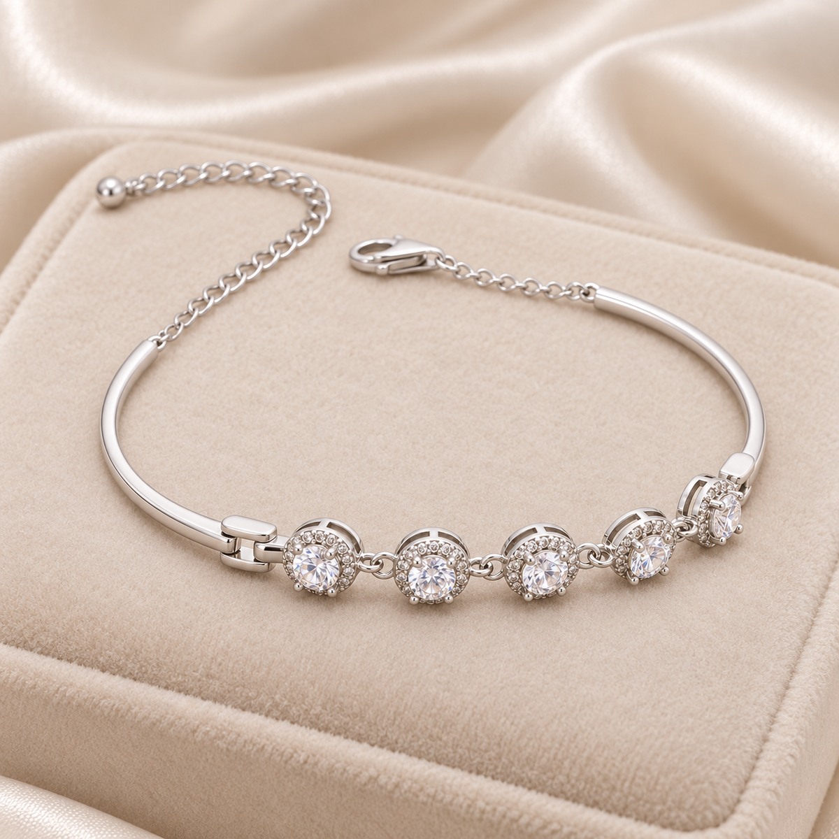 Silver Five Halo Bracelet on velvet display