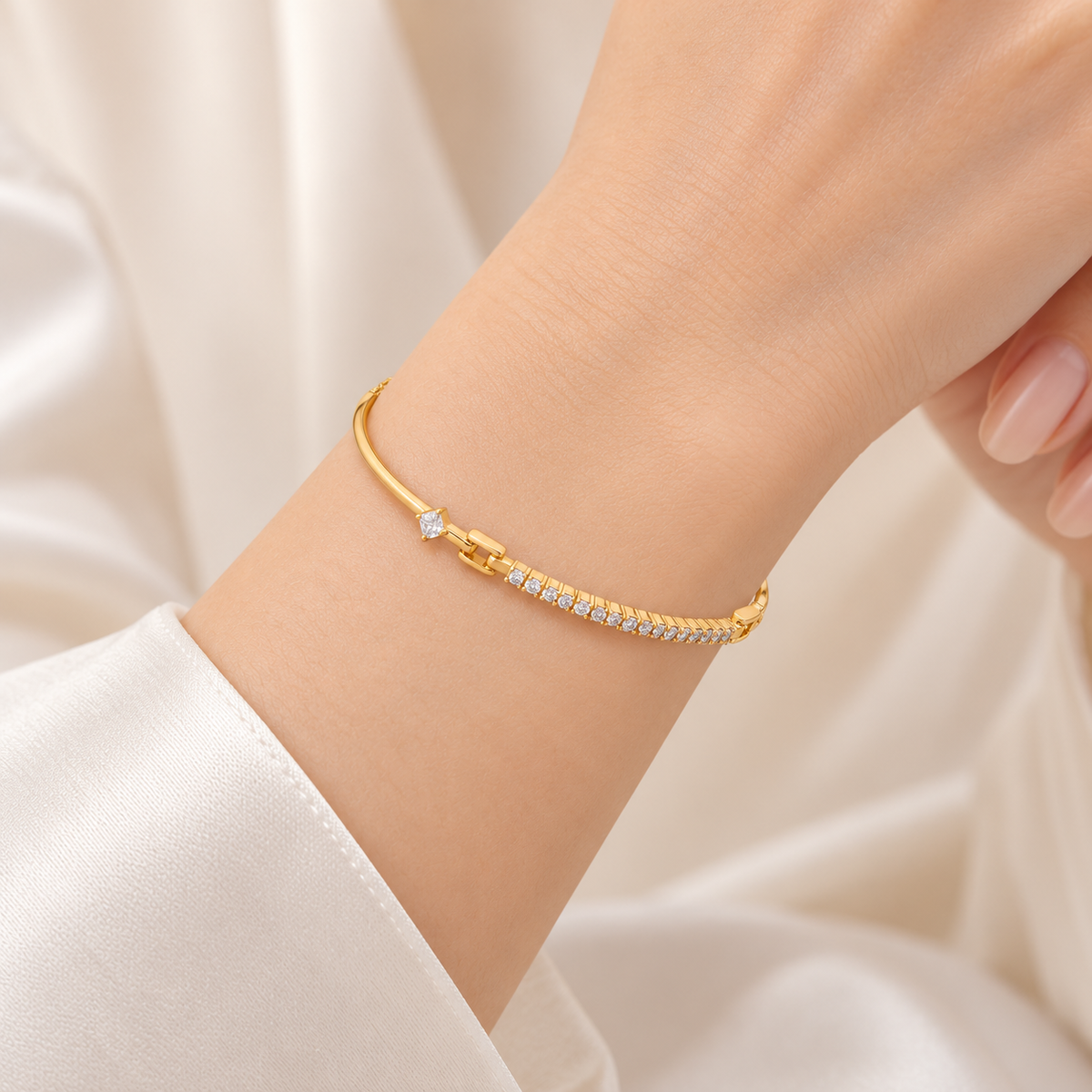 Golden Solitaire Line Bracelet on model wrist