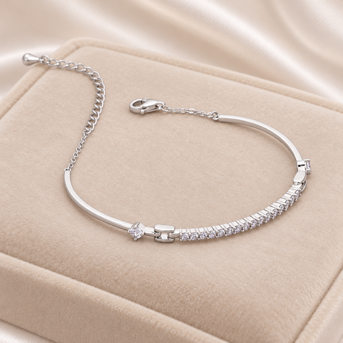 Silver Solitaire Line Bracelet on velvet display
