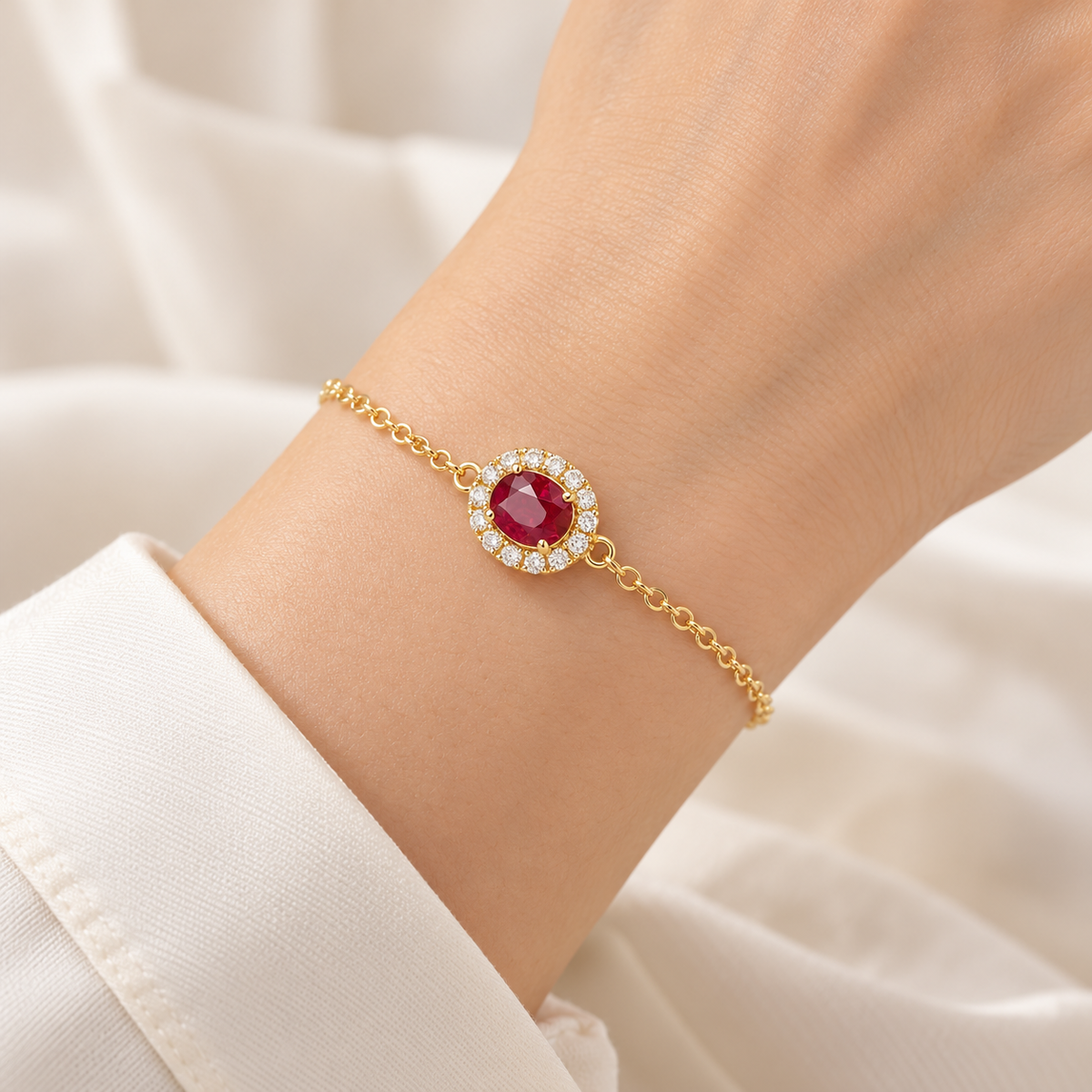 Golden Ruby Red Round Halo Bracelet