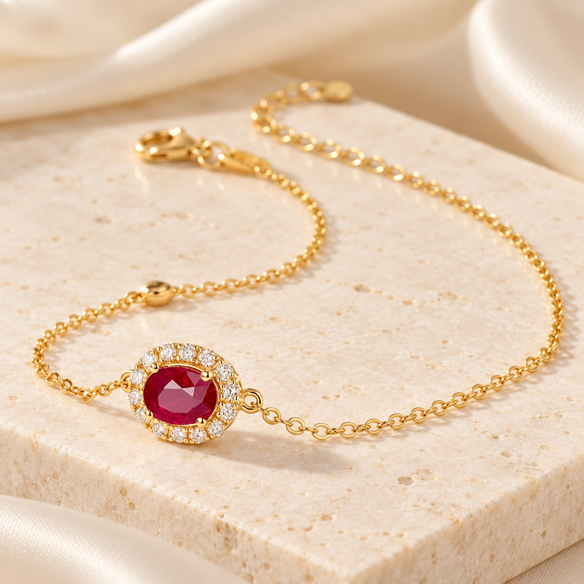 Golden Ruby Red Round Halo Bracelet