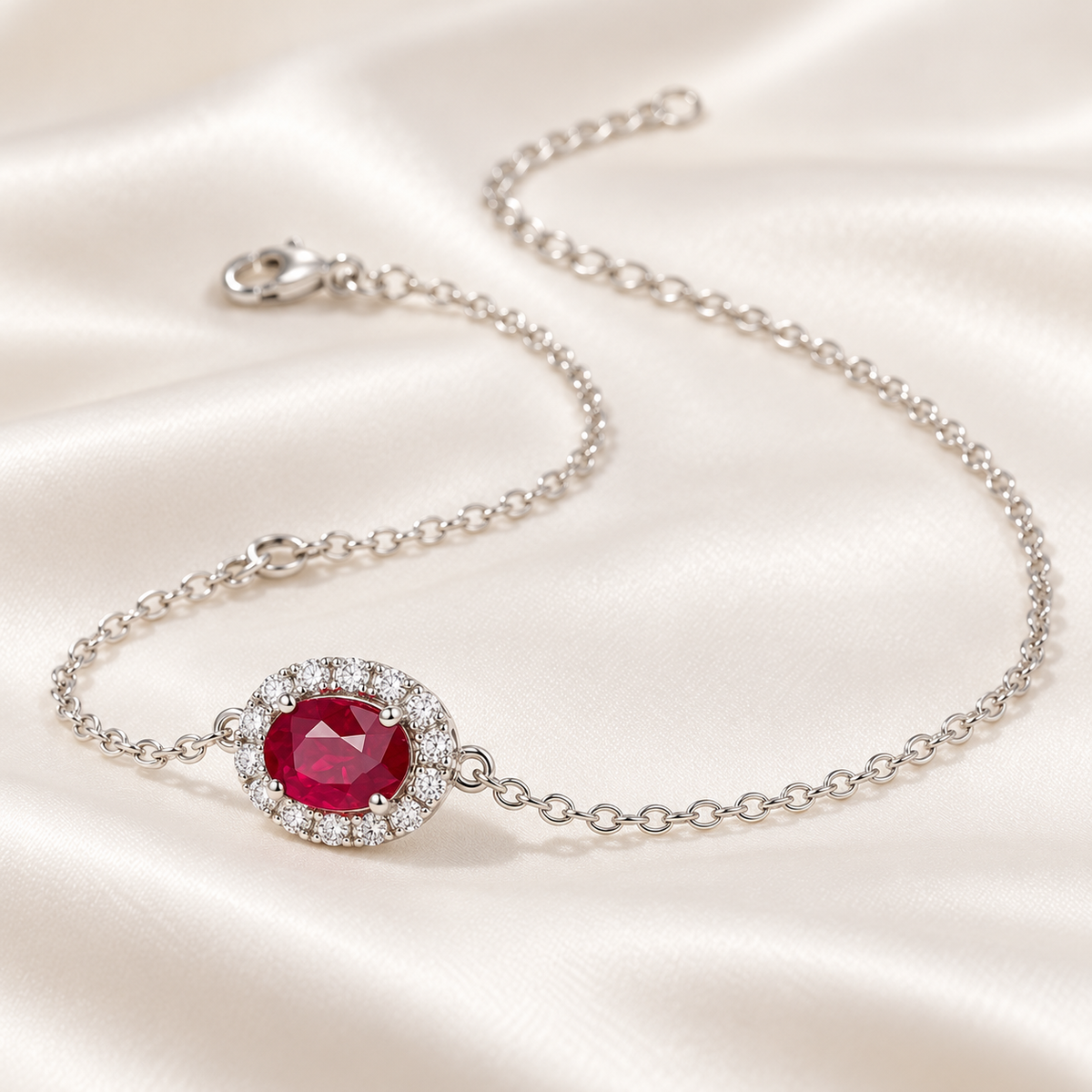 Silver Ruby Red Round Halo Bracelet