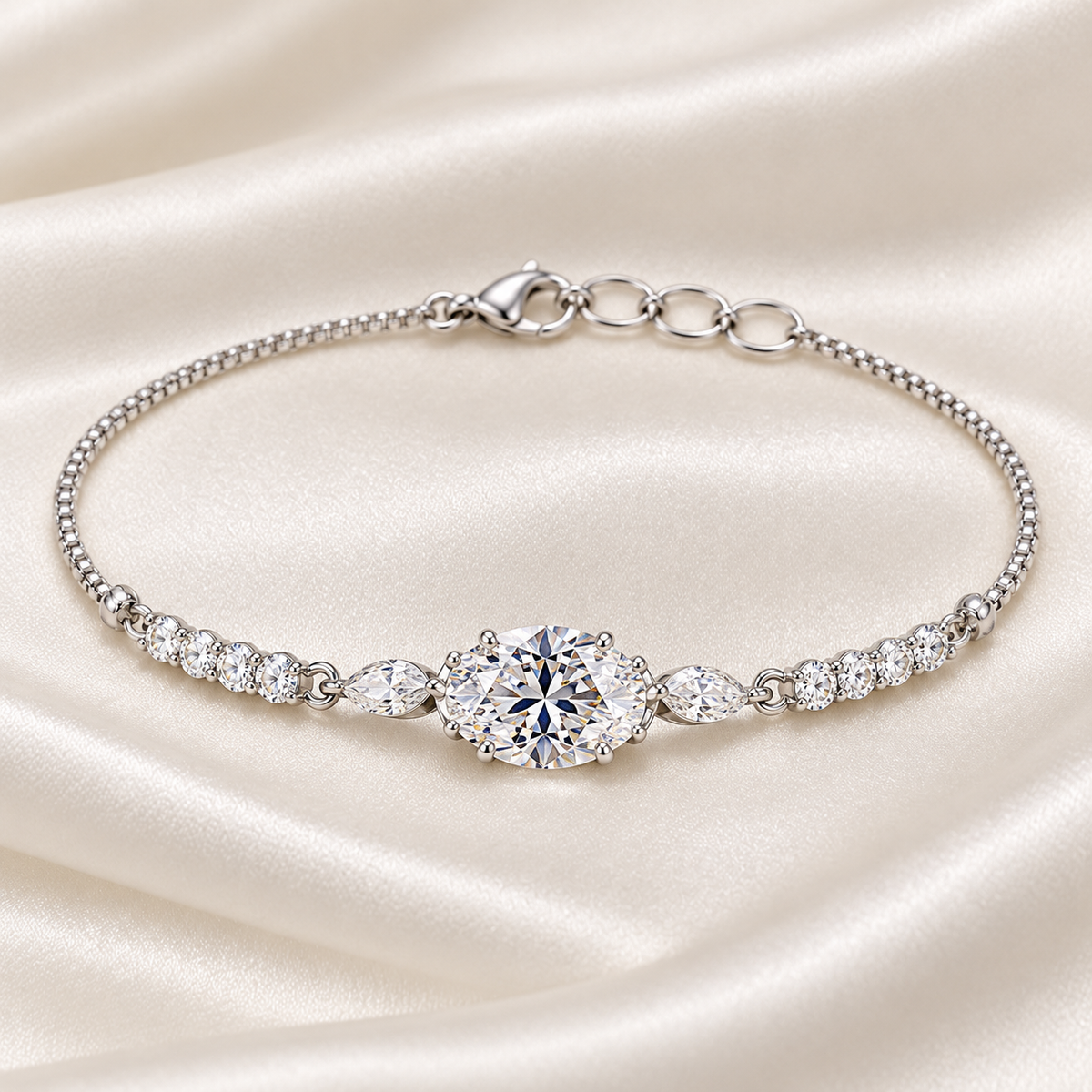 Oval clear stone bracelet Silver with lobster clasp and three adjustment links