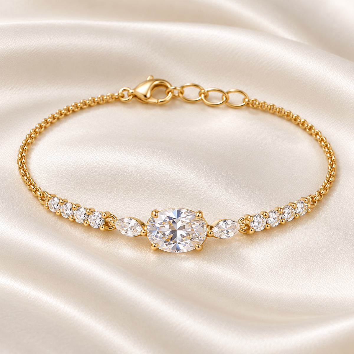 Oval clear stone bracelet Gold with lobster clasp and three adjustment links