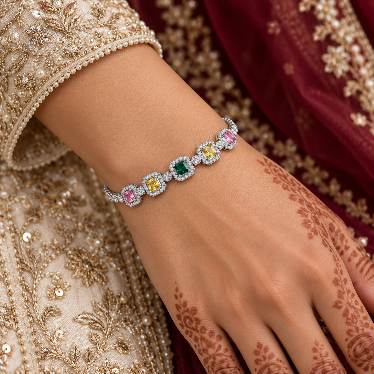 Multicolour halo bracelet Silver worn on bridal model hand