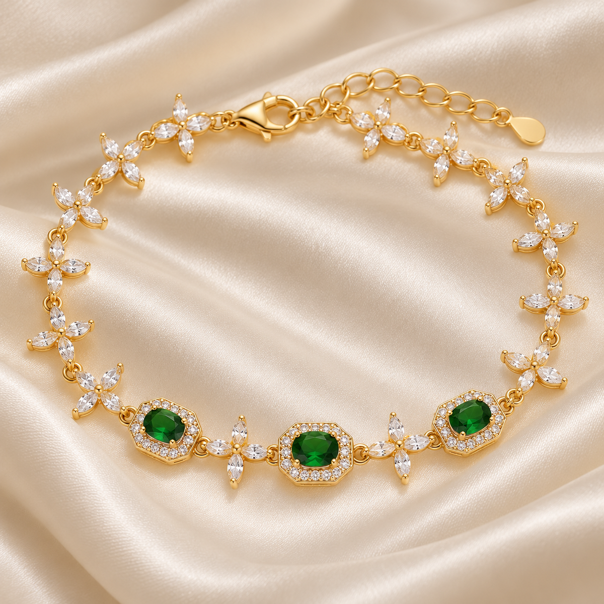 Green halo floral bracelet Gold on satin