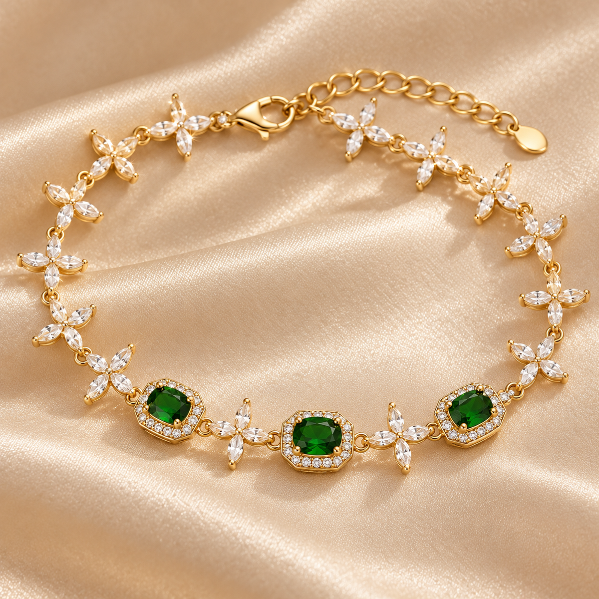 Green halo floral bracelet Gold on shimmery cloth