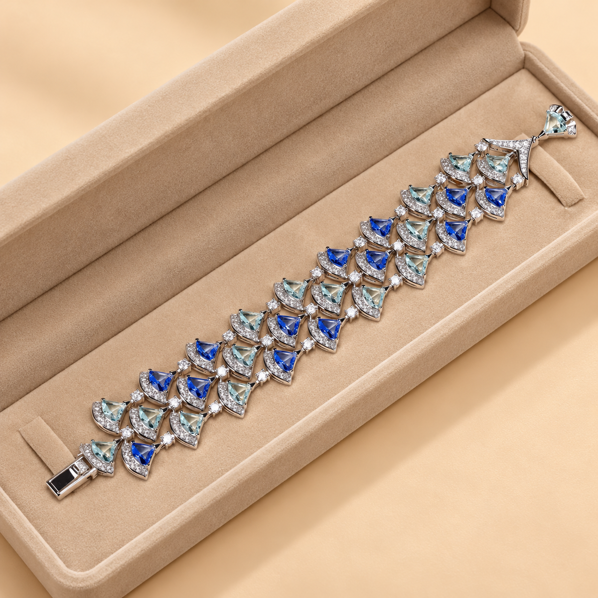 Blue aqua fan link bracelet in beige velvet box