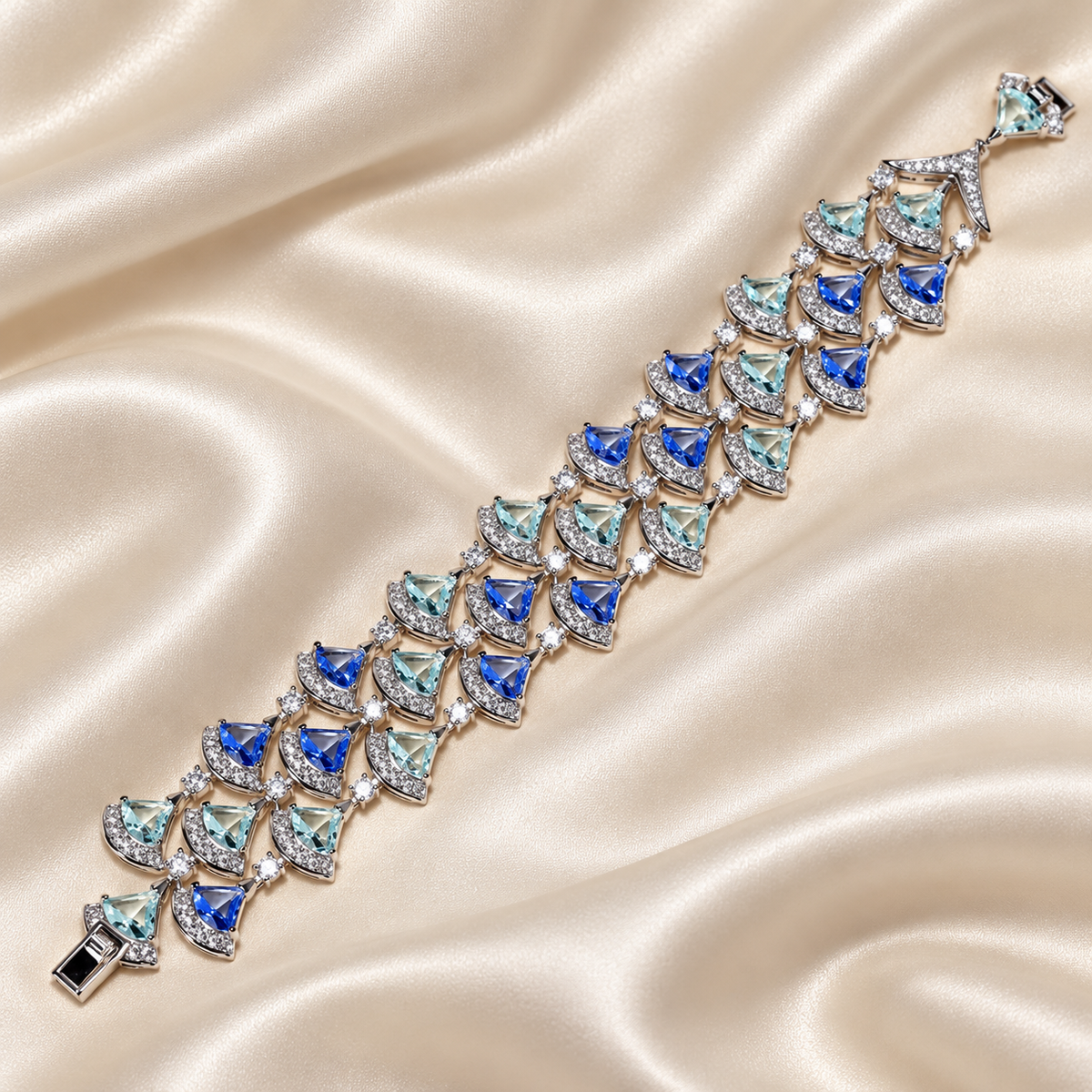 Blue aqua fan link bracelet on ivory satin