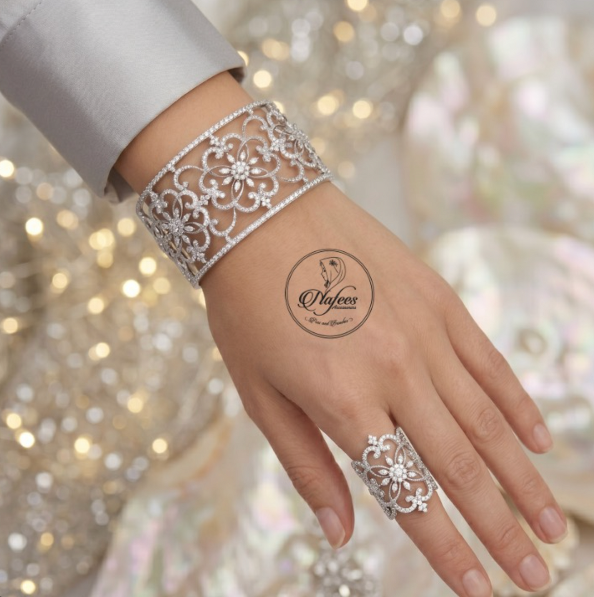 Floral filigree bangle and ring worn on hand
