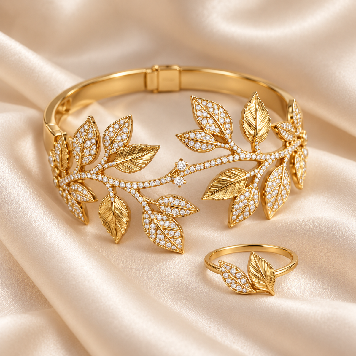 Gold plated leaf bracelet and matching two-leaf ring combo