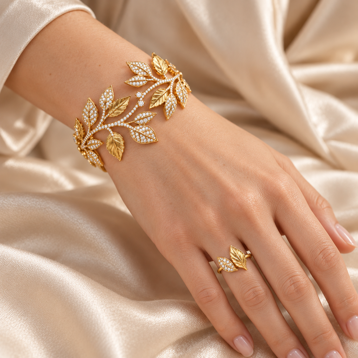 Leaf bracelet and matching ring worn on model hand