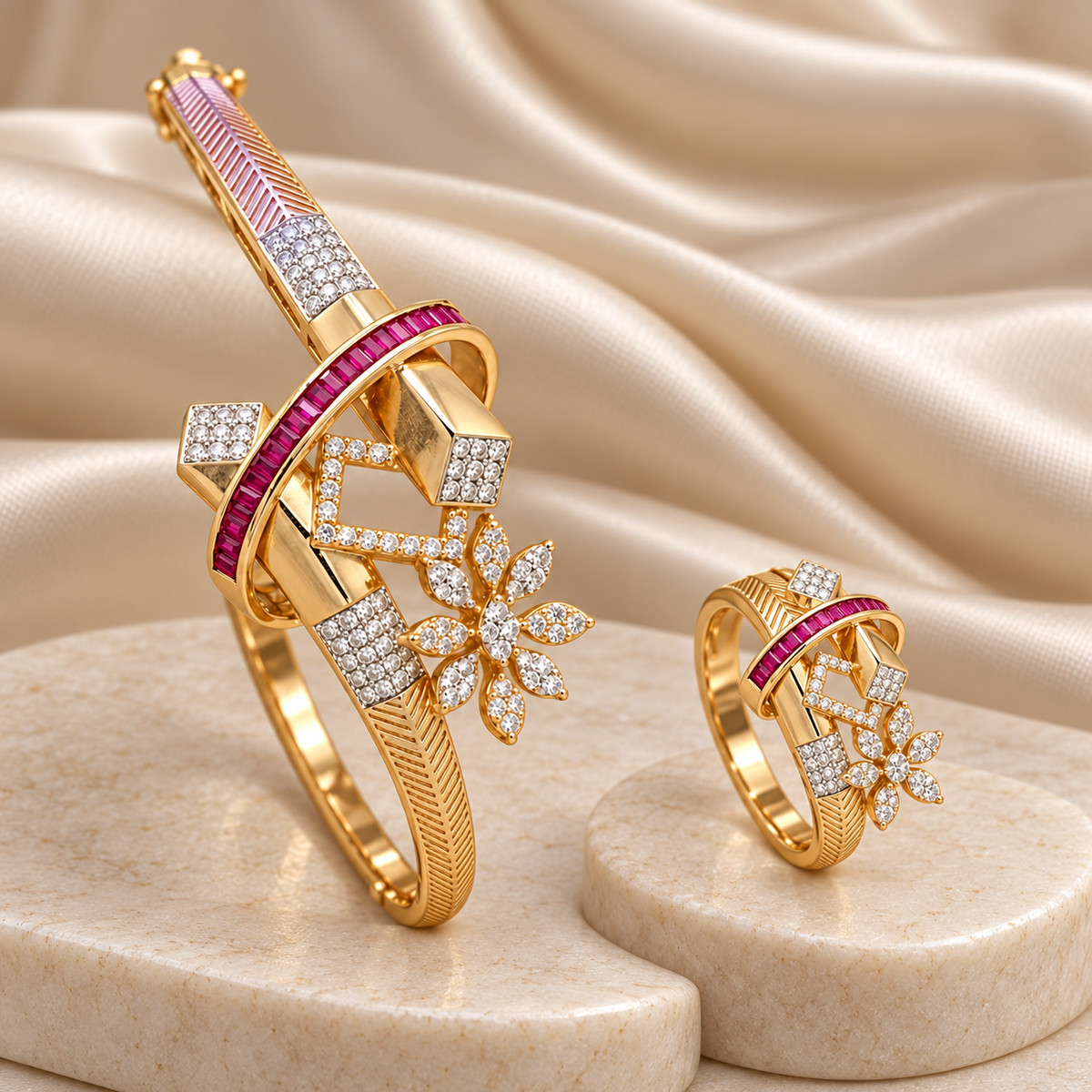 Ruby Arc Blossom bracelet and matching ring combo on cream stone display