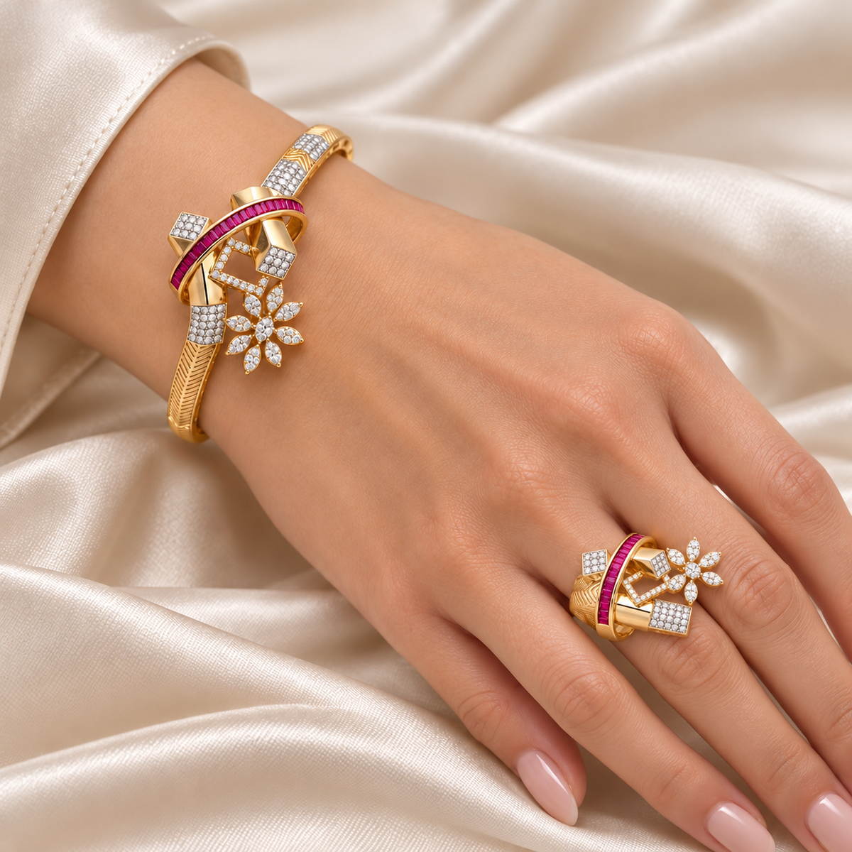 Ruby Arc Blossom combo on model hand with ring design aligned across finger