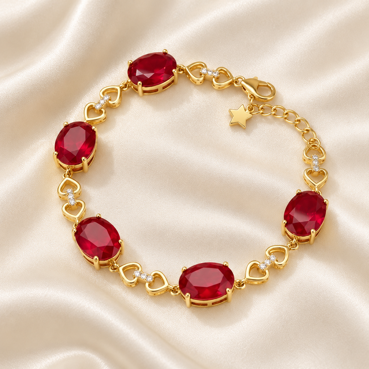 Gold plated five-ruby adjustable heart-link bracelet on ivory satin