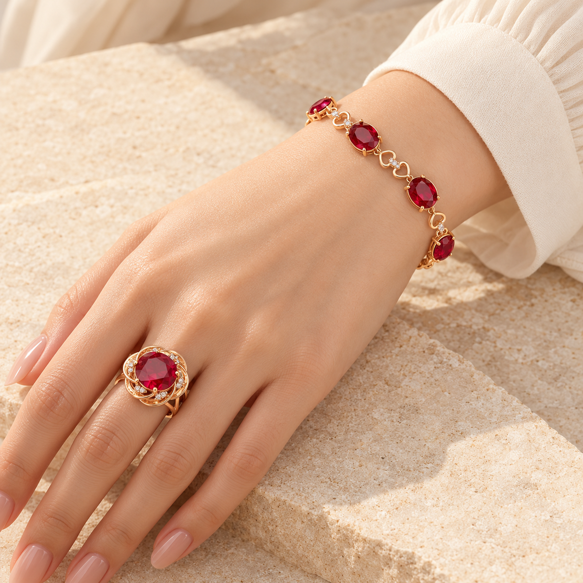 Gold plated ruby heart bracelet and swirl ring worn together on a model hand