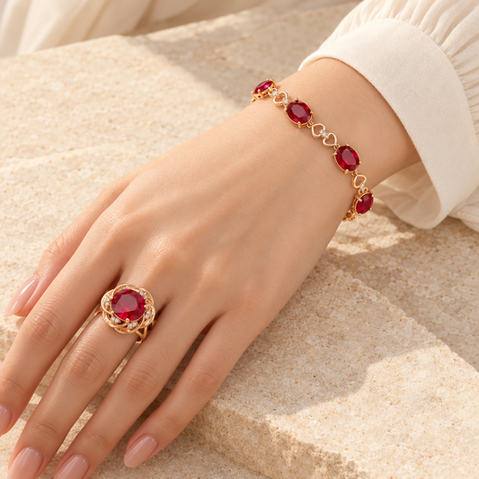 Gold plated ruby heart bracelet and swirl ring worn together on a model hand