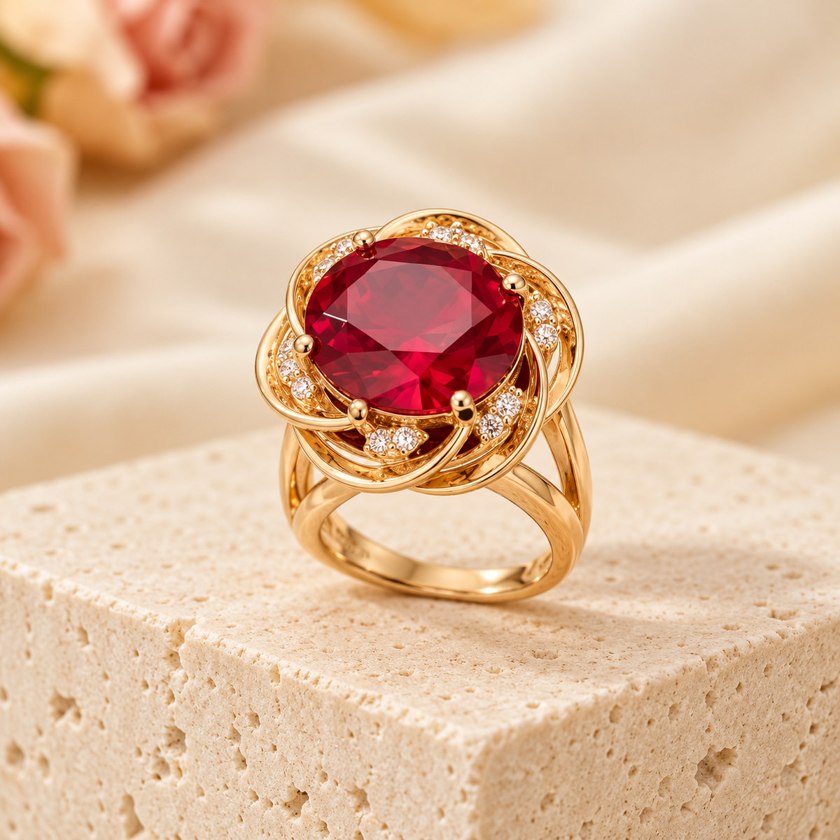 Gold plated ruby swirl ring on ivory stone