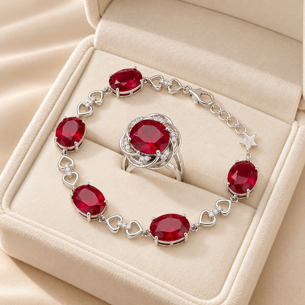 Silver ruby heart bracelet and swirl ring together in an ivory box