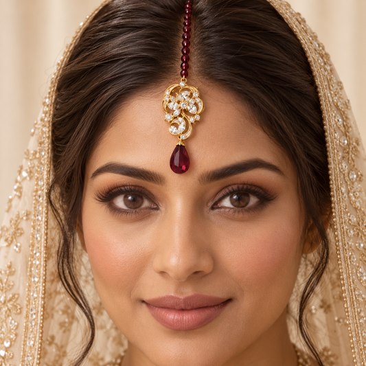 Maroon Drop Floral Maang Tikka on bridal model