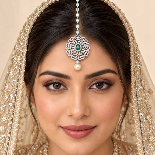 Green Pear & Pearl Maang Tikka on bridal model
