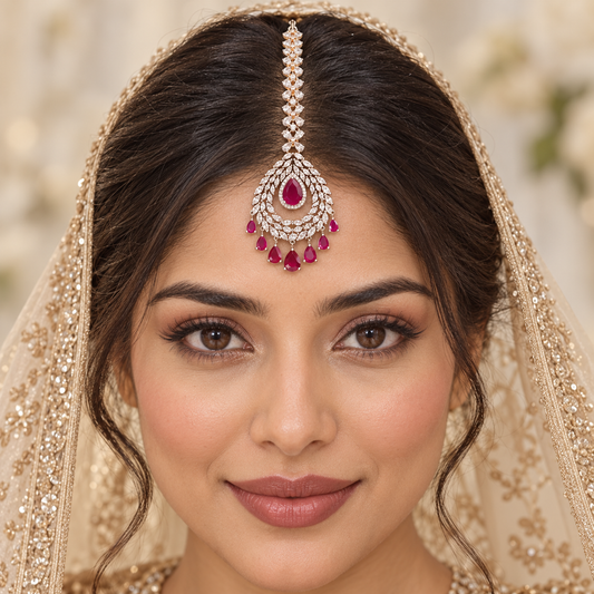 Ruby Pear Leaf Wreath Maang Tikka