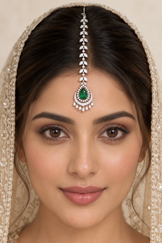 Silver Green Pear Crescent Maang Tikka