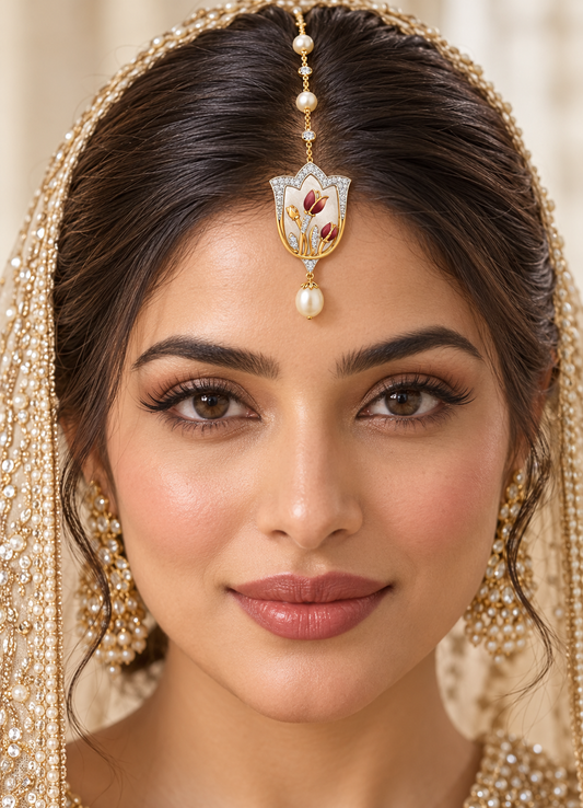 Maroon Tulip & Pearl Maang Tikka on bridal model