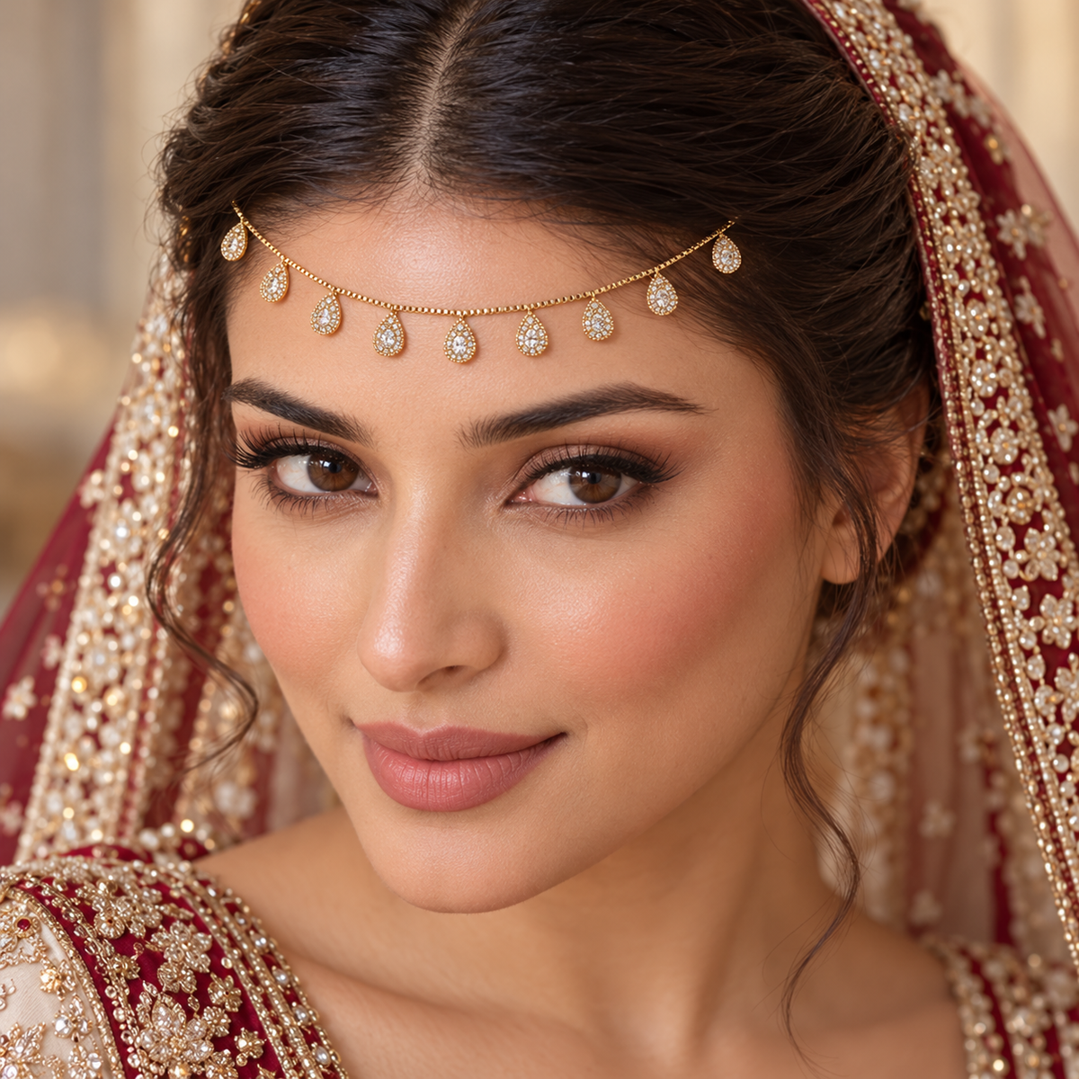 Golden teardrop halo matha patti worn across bride forehead