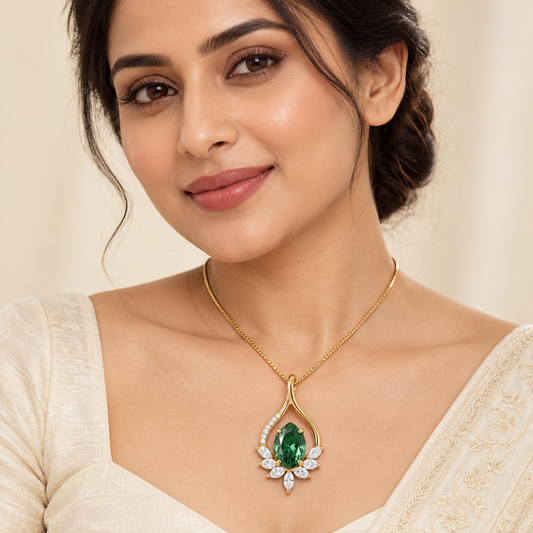 Emerald Green Pear Pendant Necklace Gold on model