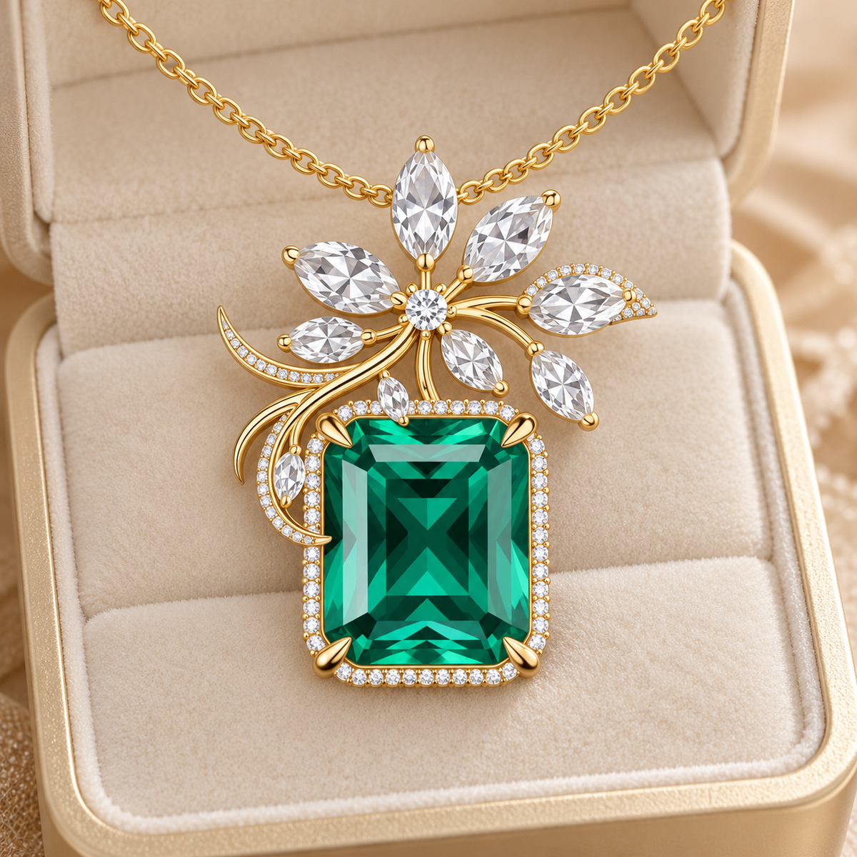 Emerald Green Floral Pendant Necklace Gold ivory velvet display
