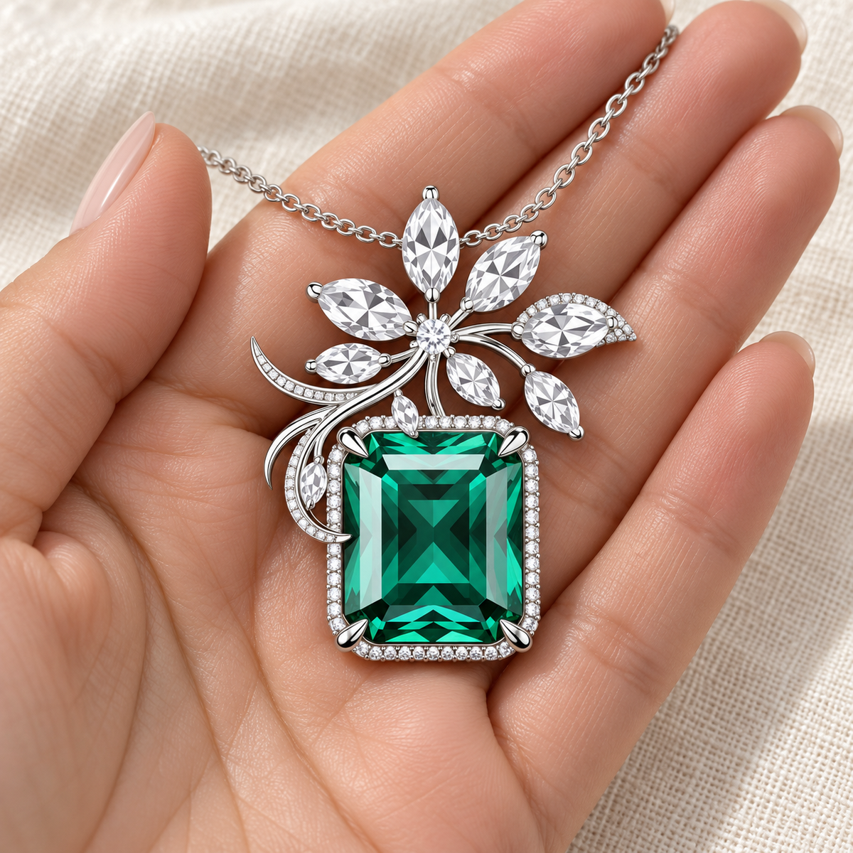 Emerald Green Floral Pendant Necklace Silver hand closeup