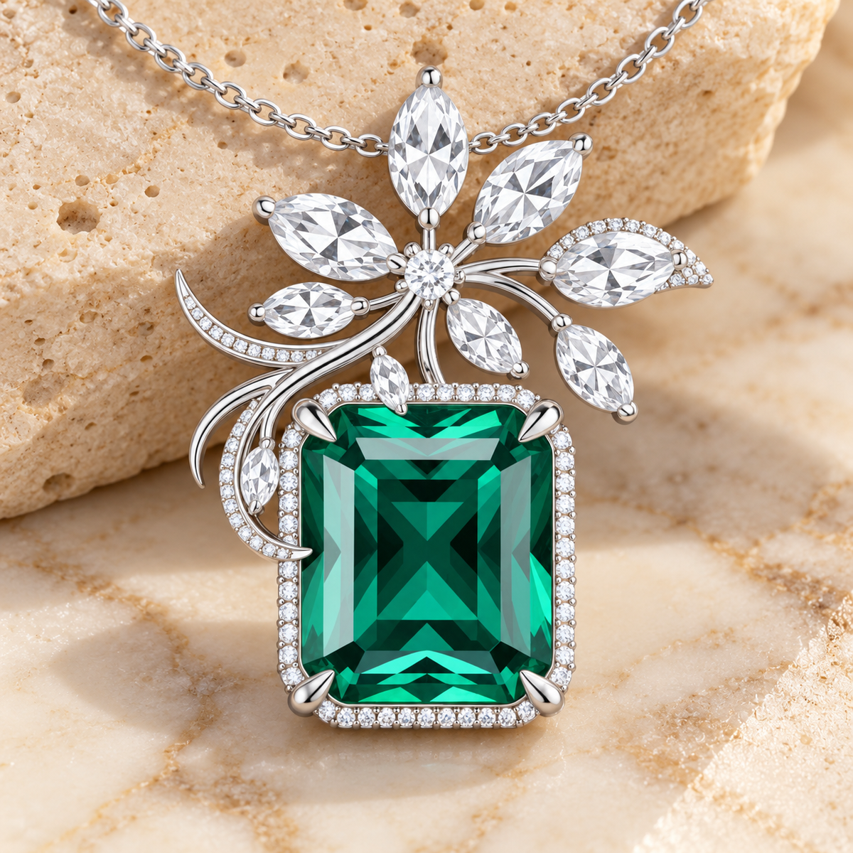 Emerald Green Floral Pendant Necklace Silver cream stone display