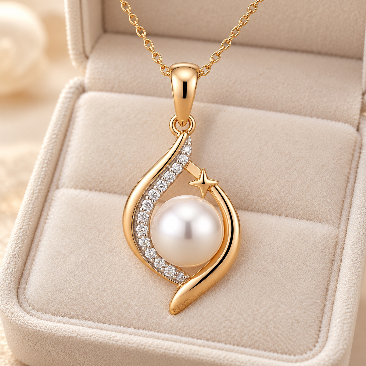 Pearl Starlight Pendant Necklace Gold ivory velvet display