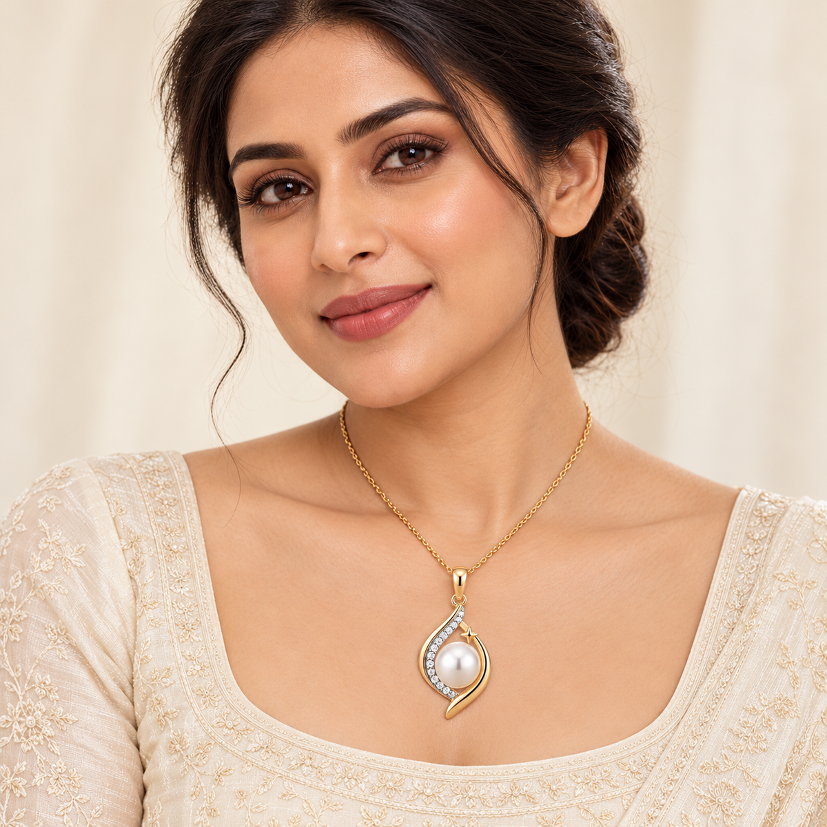 Pearl Starlight Pendant Necklace Gold on model