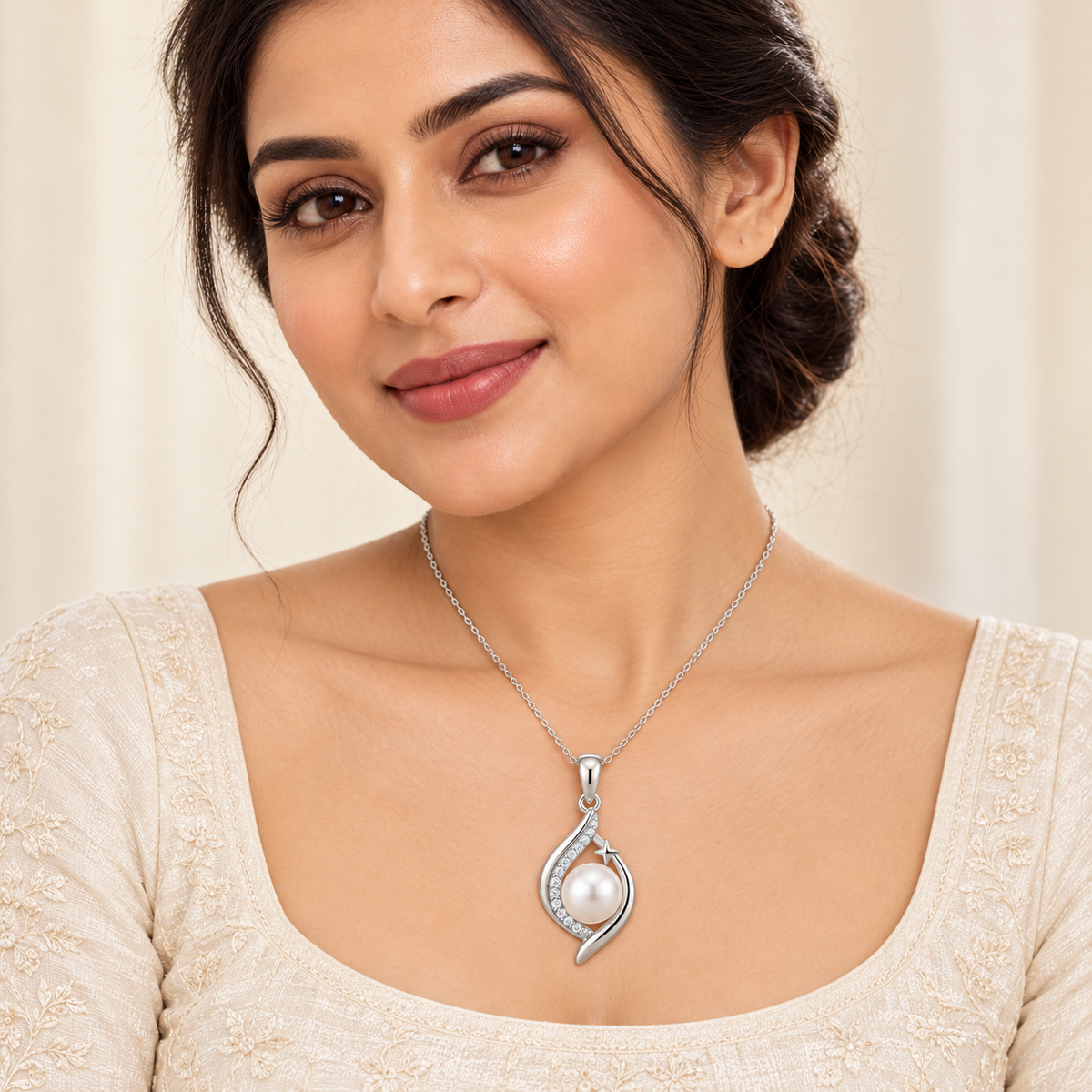 Pearl Starlight Pendant Necklace Silver on model