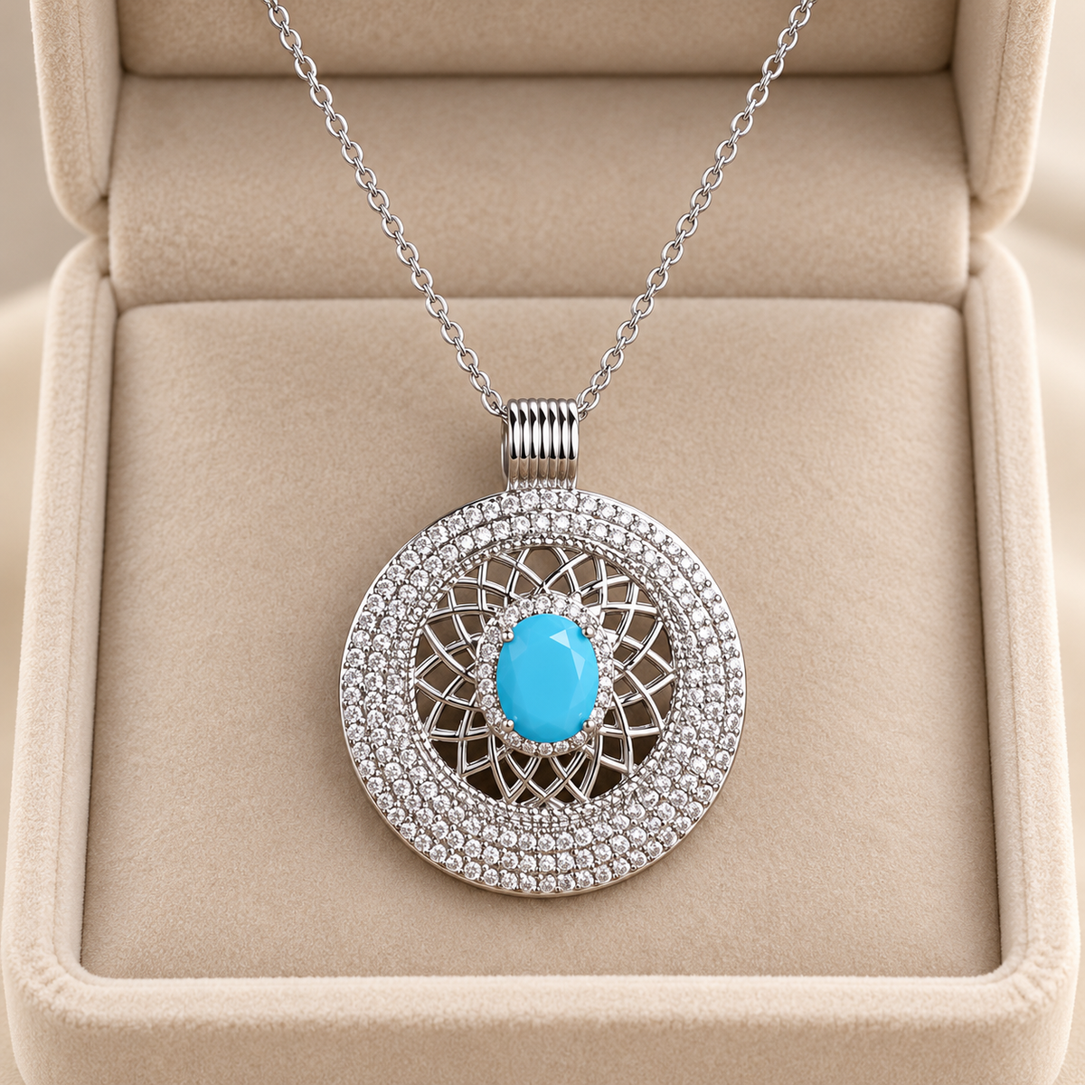 Aqua blue circular filigree pendant necklace in beige velvet box