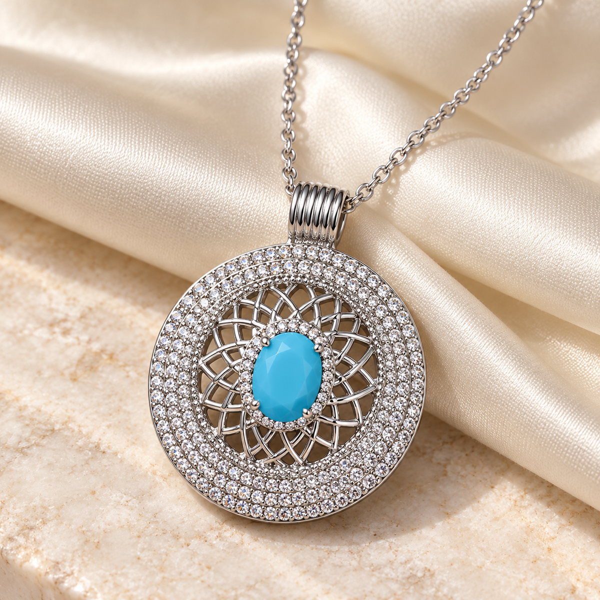 Aqua blue circular filigree pendant necklace on ivory satin and cream stone
