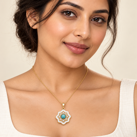 Turquoise scalloped pendant Gold on model