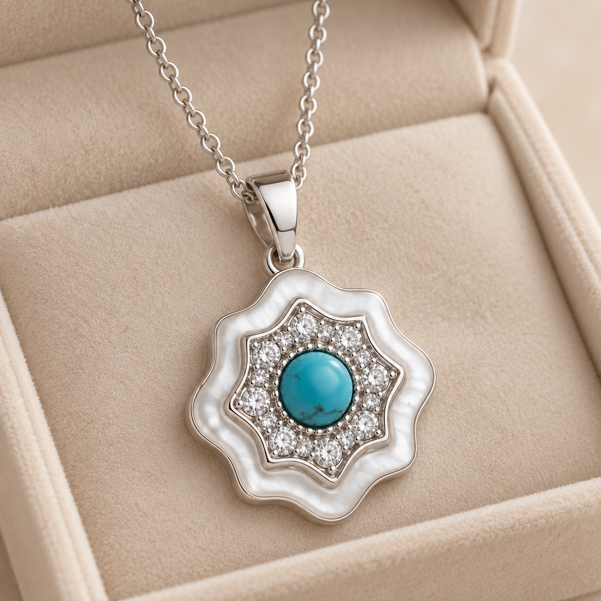 Turquoise scalloped pendant Silver on satin