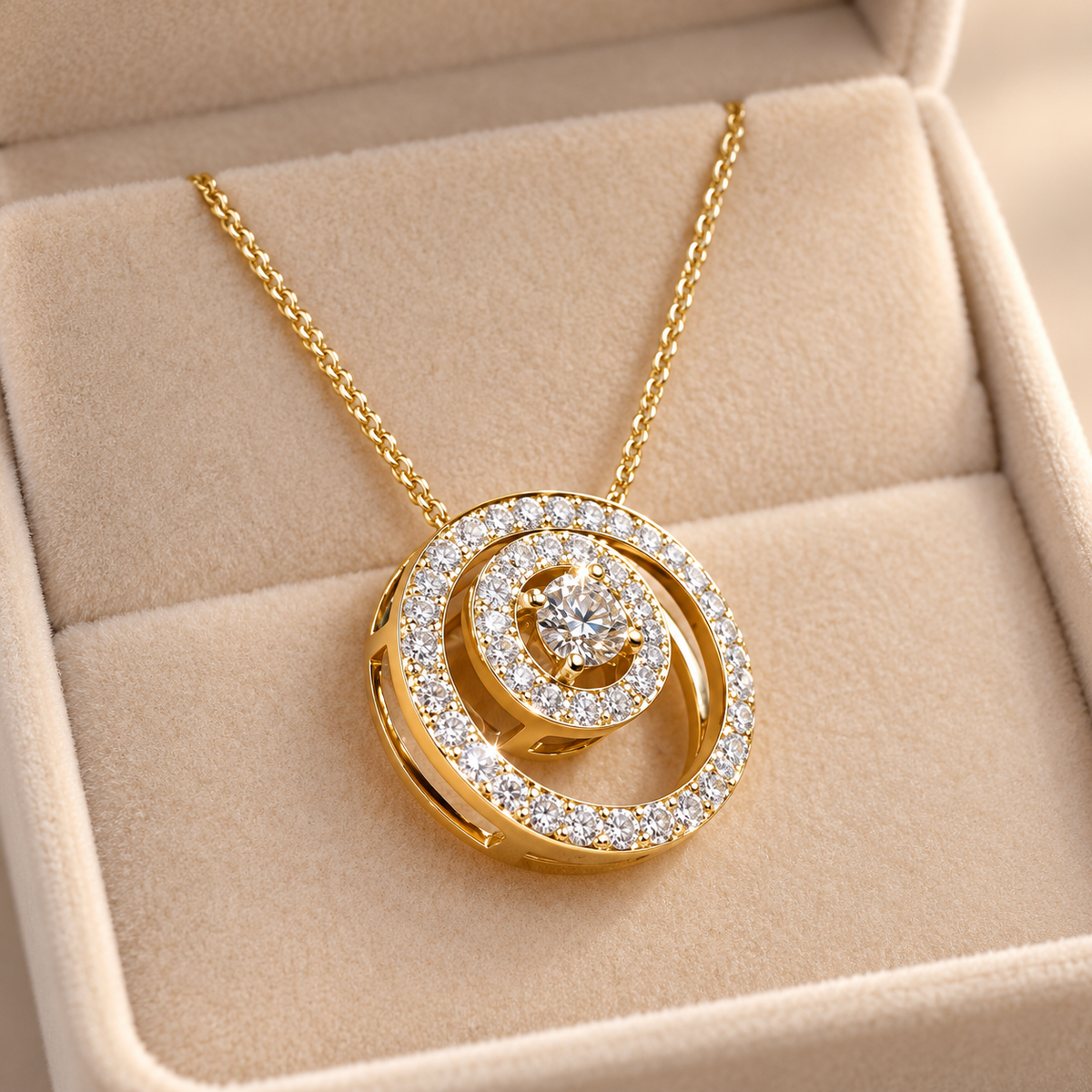 Celeste Swirl Gold pendant necklace in velvet box