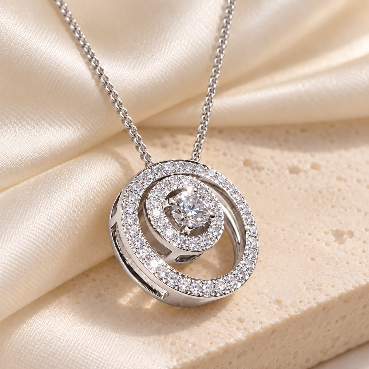 Celeste Swirl Silver pendant necklace on ivory satin
