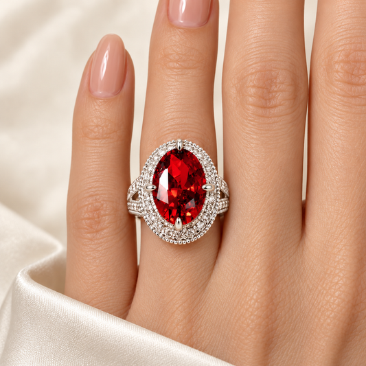 Oval Red Halo Ring worn upright on model ring finger