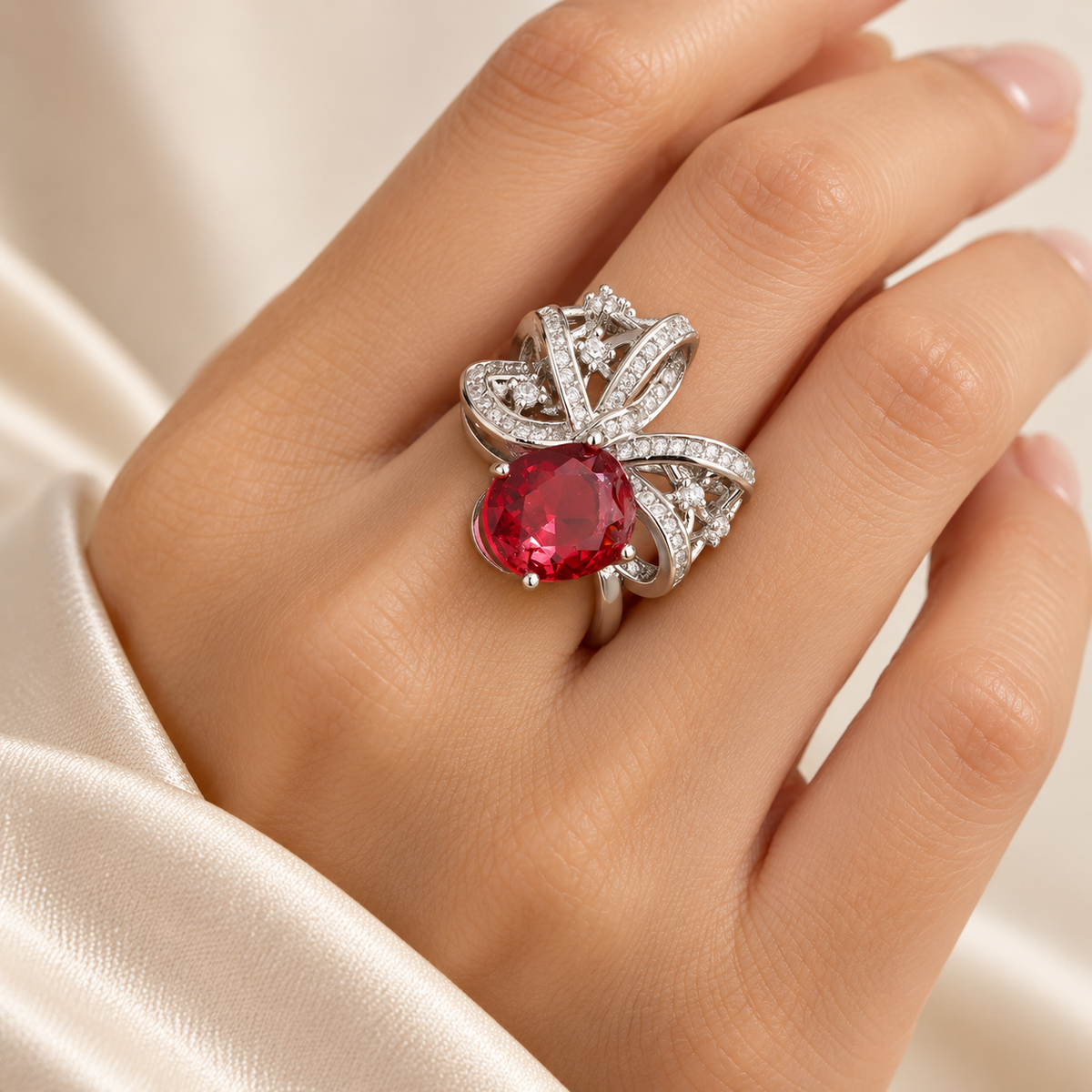 Red stone ribbon ring worn on model ring finger
