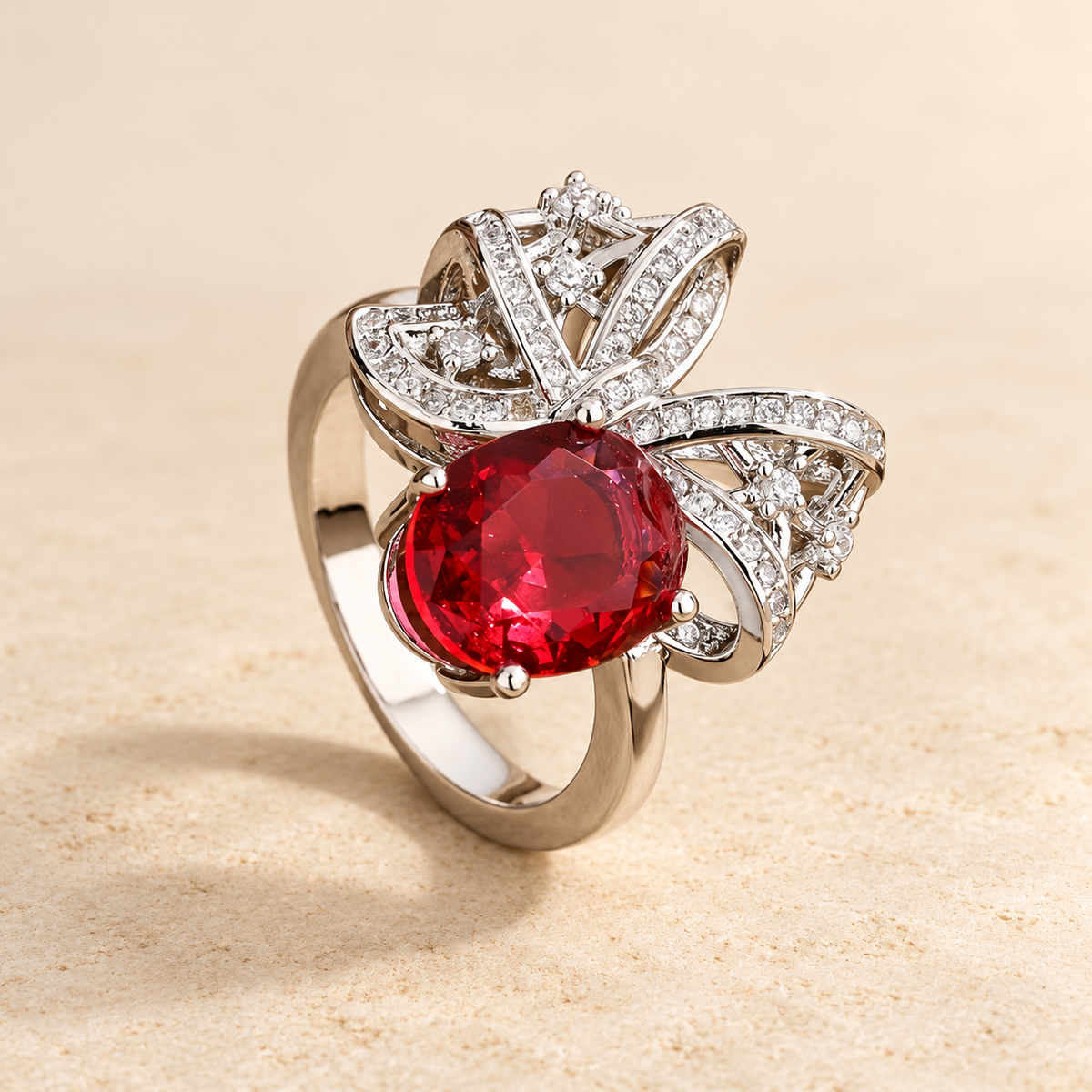 Red stone ribbon ring on plain cream background