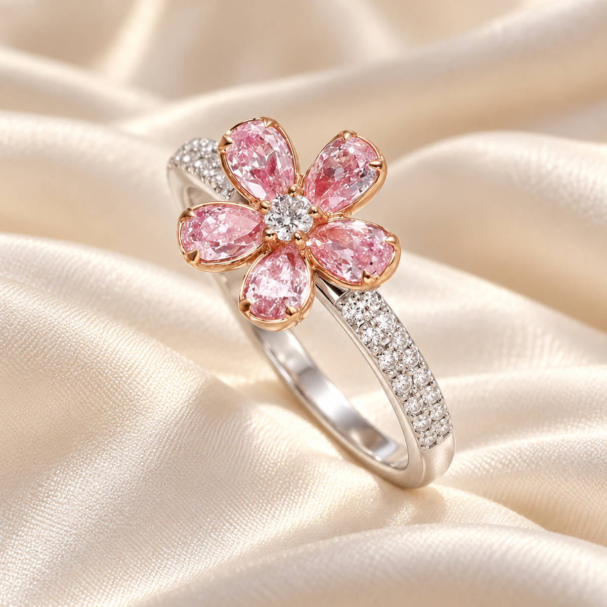 Blush pink five-petal flower ring on gown fabric